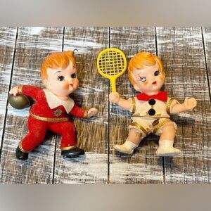 Vintage plastic bowler and tennis player ornaments made in Japan